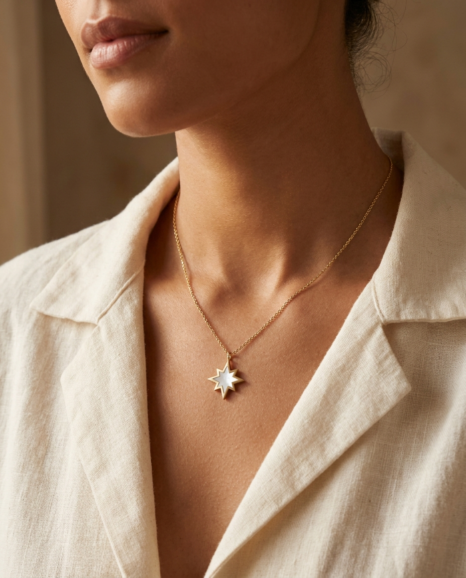 Shamsa Pendant worn on the neck — gold eight-pointed Shamsa on a fine chain, scale reference